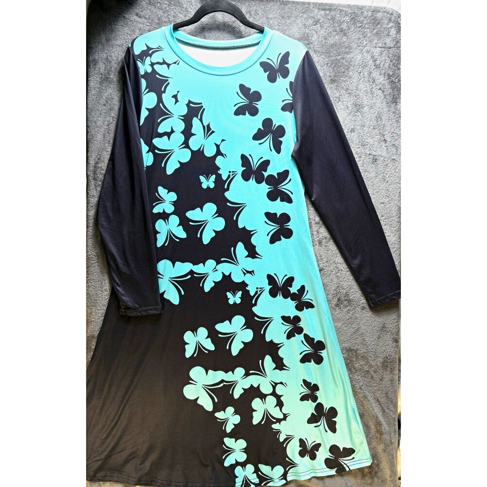 Women Blue/Black Butterfly Print Knit A-Line Knee Dress Long Sleeve M Regular
